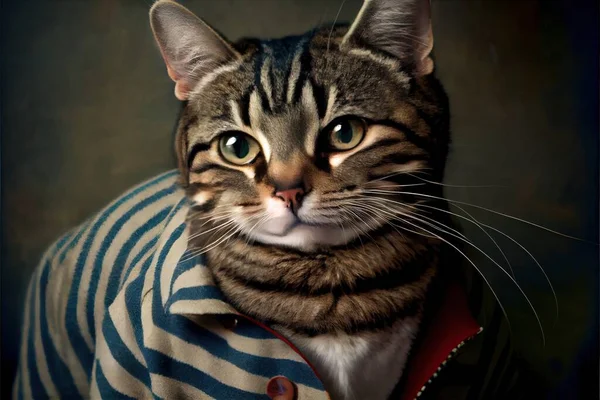 a cat wearing a striped shirt and a striped tie with a collar around it\'s neck and a striped collar. .