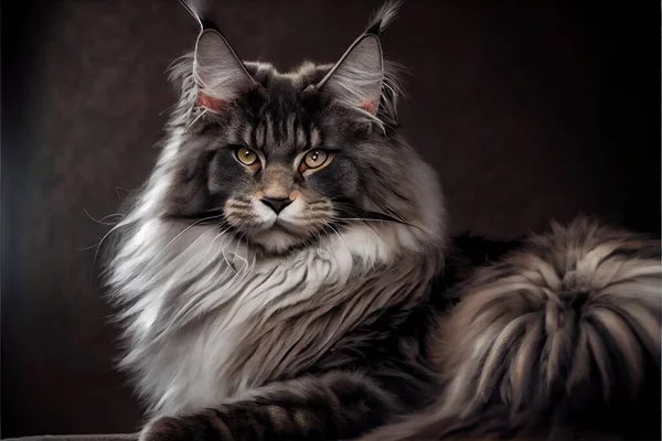 a cat with long hair and a big grin on its face sitting down with its eyes closed and a black background. .