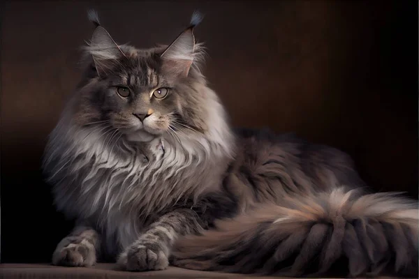 a fluffy cat with long hair and horns on its head sitting on a table with a dark background and a black background. .