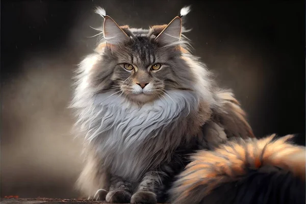 a fluffy cat with long hair sitting on a table next to a cat with long hair on its head. .