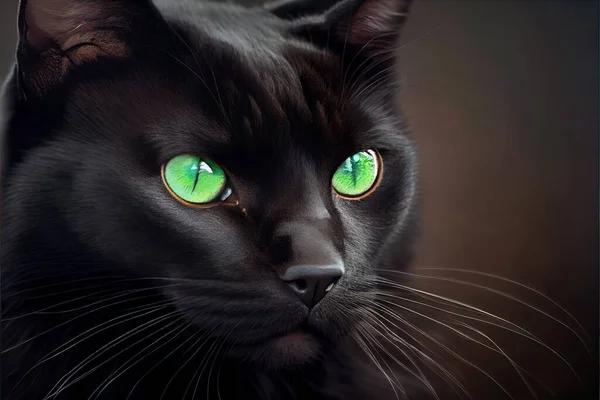 a black cat with green eyes looking at the camera with a serious look on its face. .