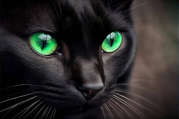 a black cat with green eyes looking at the camera with a serious look on its face. .