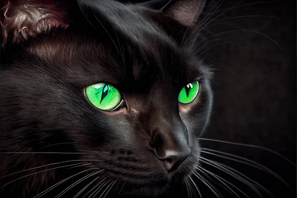 a black cat with green eyes looking at the camera with a black background and a black background with a black cat with green eyes. .