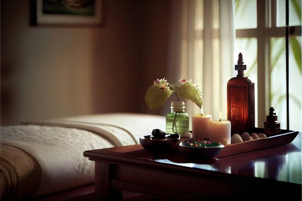 a tray with candles and flowers on a table in a room with a bed and a window with curtains. .