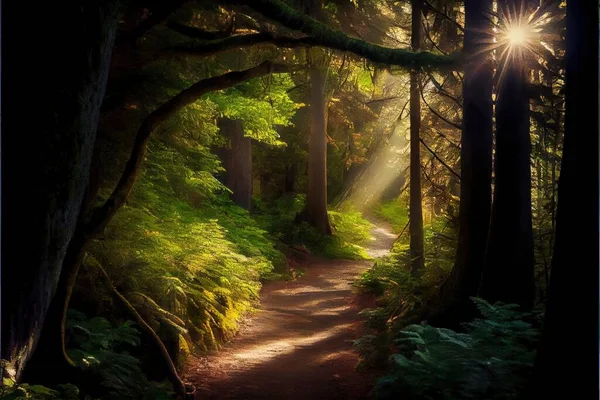 a path in the woods with sun shining through the trees and the sun shining through the trees and the path is surrounded by ferns. .