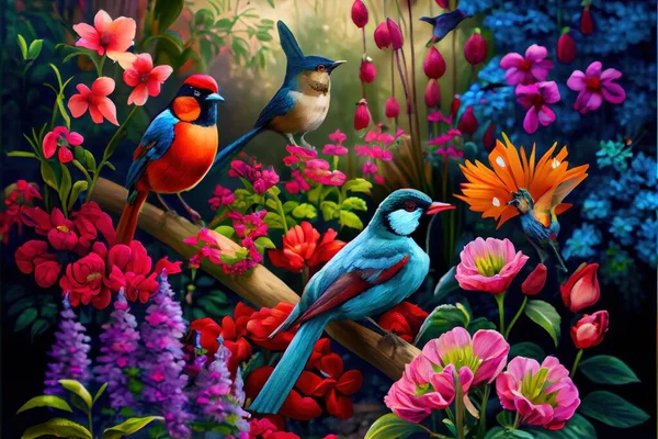 a painting of birds sitting on a branch surrounded by flowers and plants in a garden of flowers and plants. .