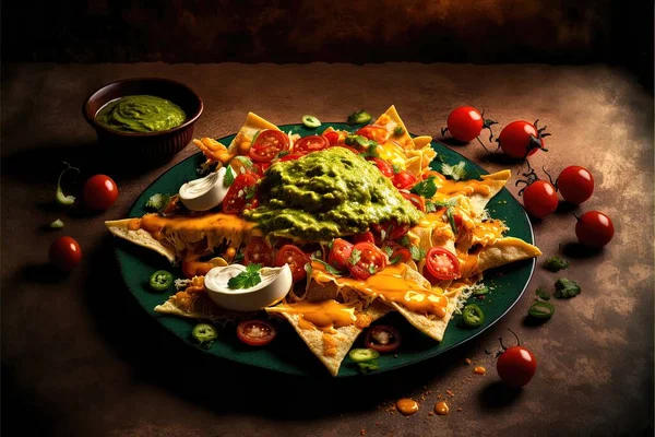 a plate of nachos with guacamole and tomatoes on the side with a small bowl of guacamole. .