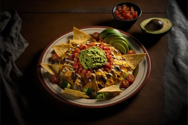a plate of nachos with guacamole and tomatoes on the side on a table with a bowl of salsa. .