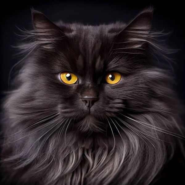 a black cat with yellow eyes looking at the camera with a black background and a black background with a black background. .