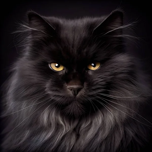 a black cat with yellow eyes looking at the camera with a black background and a black background with a black background. .