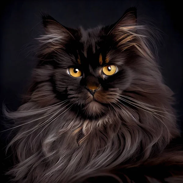 a black cat with yellow eyes and long hair sitting down with a black background and a black background behind it. .