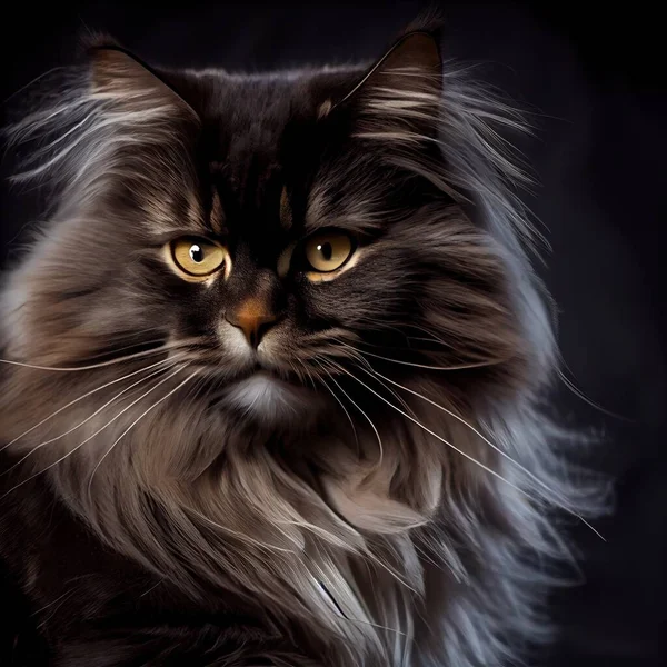 a fluffy cat with yellow eyes sitting down looking at the camera with a black background and a black background. .