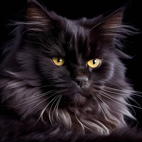 a black cat with yellow eyes looking at the camera with a black background and a black background with a white border. .