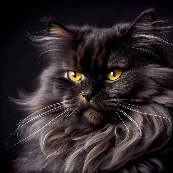 a black cat with yellow eyes and long hair is looking at the camera with a serious look on its face. .