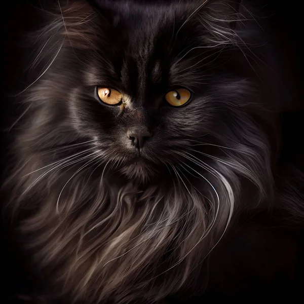 a black cat with yellow eyes looking at the camera with a black background and a black background with a white stripe. .