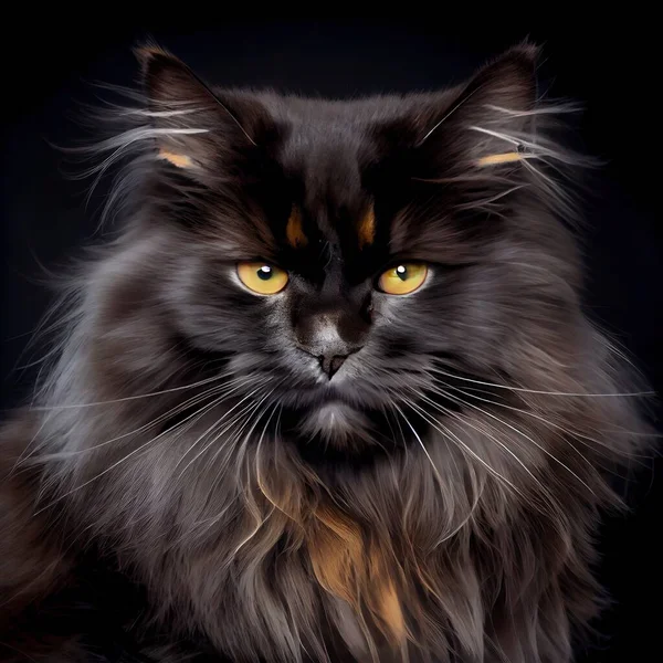 a black cat with yellow eyes and long hair is looking at the camera with a serious look on its face. .