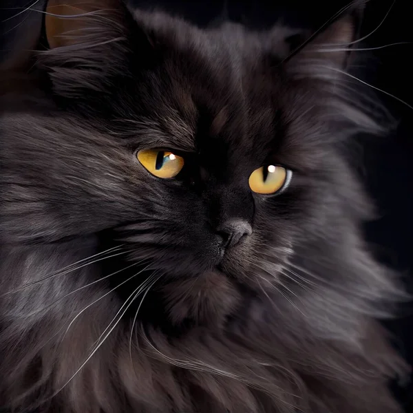 a black cat with yellow eyes looking at the camera with a black background and a black background with a black cat with yellow eyes. .