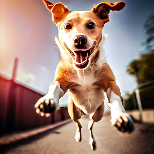 a dog is jumping in the air with his mouth open and tongue out and his eyes wide open. .