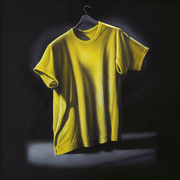 a painting of a yellow shirt hanging on a black background with a black background and a black background with a white line. .