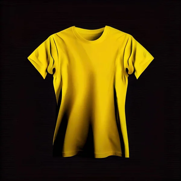 a yellow t - shirt is hanging on a black background with a black background behind it and a black background behind it. .
