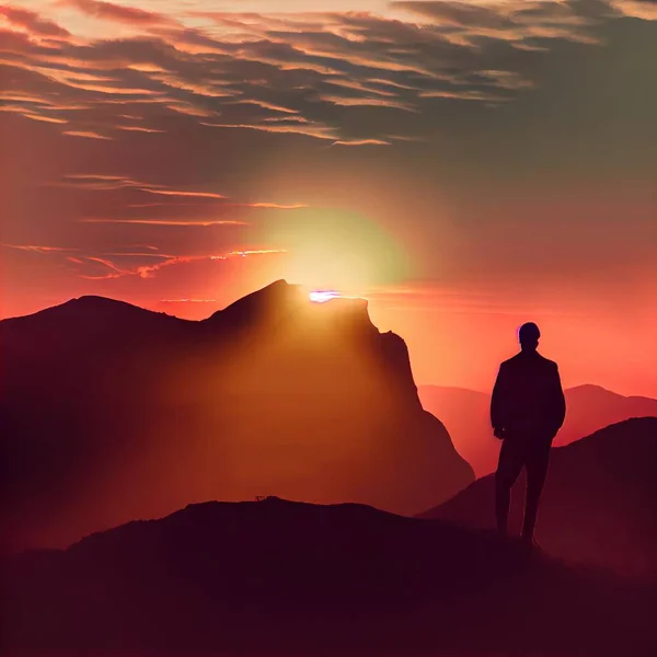 a person standing on a hill watching the sun set over mountains with a red sky in the background and a person standing on a hill. .