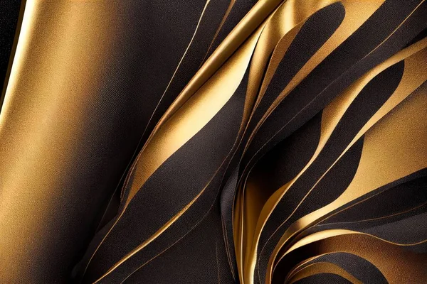 a gold and black abstract background with wavy lines and curves on it\'s surface. .