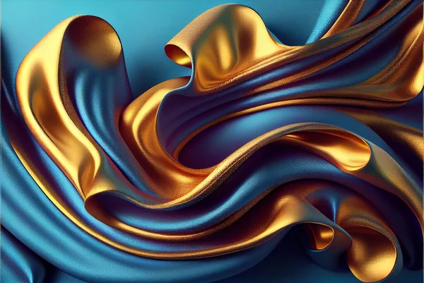 a blue and gold background with wavy lines and curves of gold and blue fabric. .
