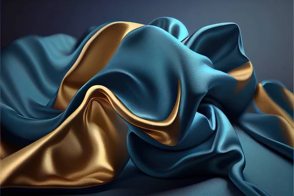 a blue and gold silk fabric with a black background and a gold stripe on the bottom of the image. .