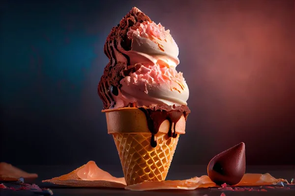 a scoop of ice cream with chocolate and strawberry on top of it and a spoon next to it on a table. .
