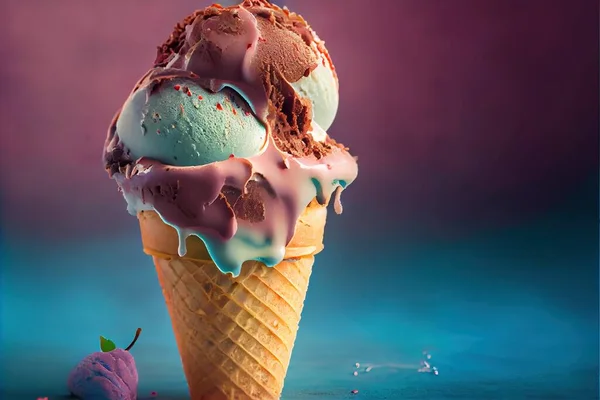 a scoop of ice cream with chocolate and mint on top of it and a cherry on the side of the ice cream cone. .