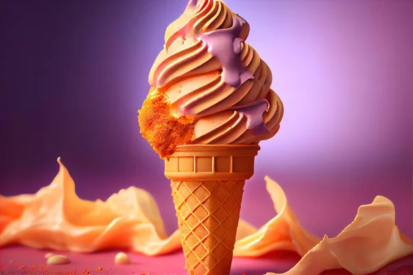 a scoop of ice cream with a pink swirl on top of it and a purple background with white swirls. .