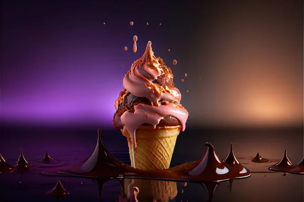a chocolate ice cream cone with chocolate sauce on it and a purple background with drops of chocolate on the ice. .