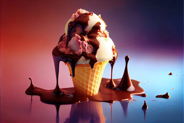 a scoop of ice cream with chocolate sauce and ice cream on top of it. .