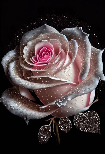 a pink rose with water droplets on it\'s petals and leaves on a black background with a few drops of water on it. .