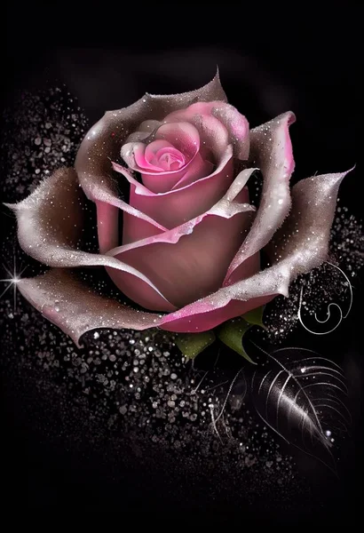 a pink rose with water droplets on it\'s petals and a feather on its side. .