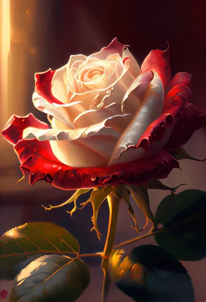 a white and red rose with a window in the background and a light shining through the window behind it. .