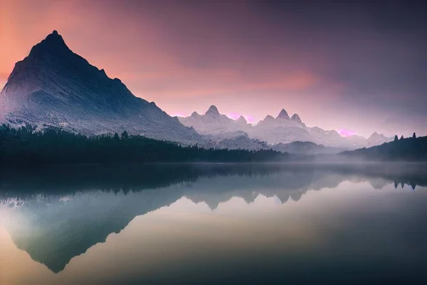 a mountain range is reflected in a lake at sunset with a pink sky in the background and a pink and purple sky in the background. .