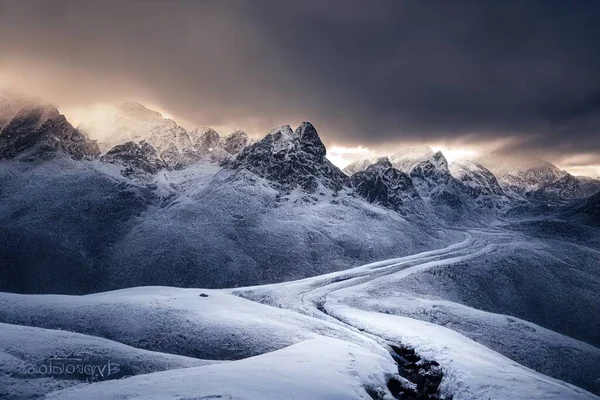 a snowy mountain range with a road in the foreground and a cloudy sky above it. .