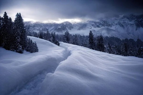 a snow covered mountain with a trail going through it and trees in the background with a cloudy sky above. .