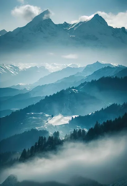 a mountain range covered in fog and clouds with a few trees on the side of it and a few mountains in the distance. .