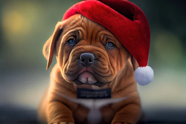 a dog with a santa hat on sitting down with a tag in its mouth and a tag in its mouth. .