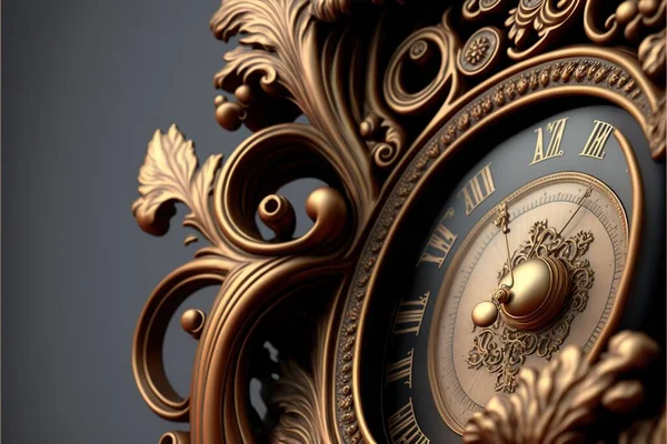 a gold clock with a black background and a gold frame with a golden clock face and numbers on it, and a gold leafy design around the face and a gold clock with a.