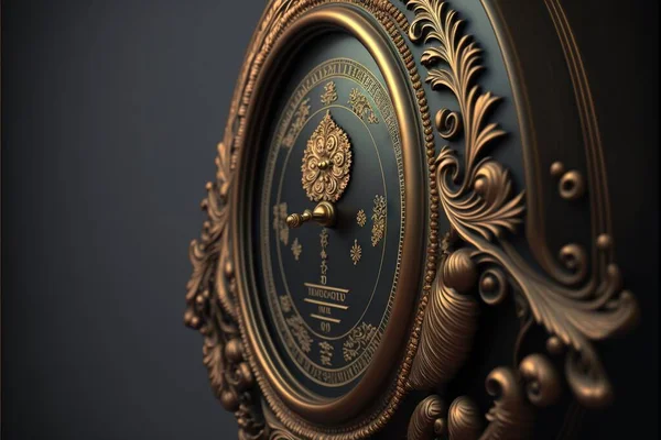 a gold clock with a black background and a gold frame around it's face and hands and a golden clock face with a golden clock on the front of the clock is surrounded by ornate.