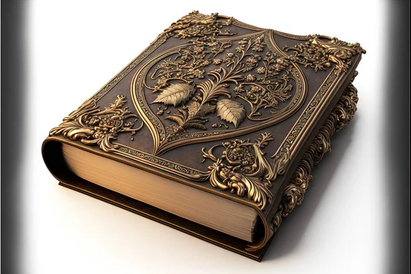a book with a golden cover and a decorative design on the front cover is shown on a white background with a shadow from the book itself to the front end of the book is a.