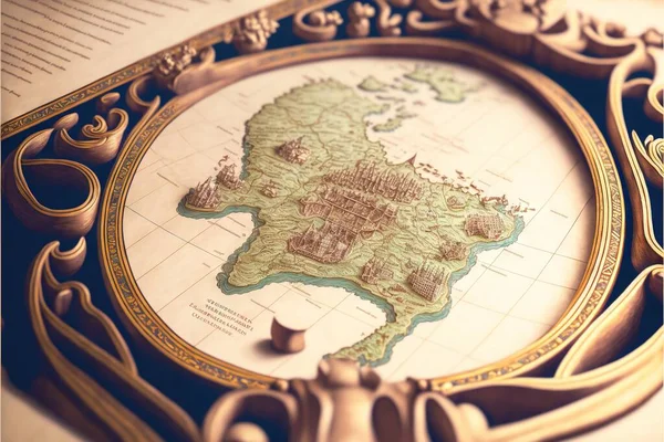 a map of the world is shown in a gold frame on a table top with a book open to it and a pen in the middle of the picture is a gold frame with a.