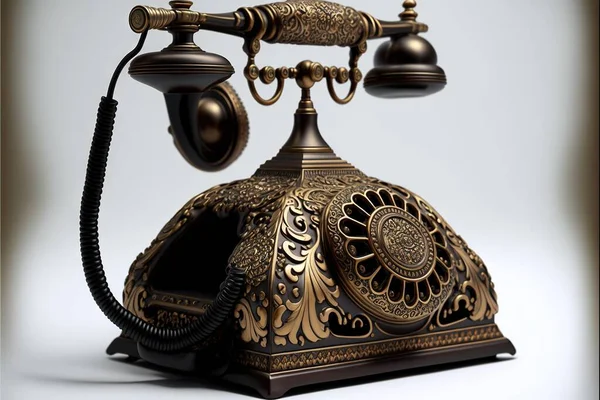 a golden phone with two bells on top of it and a cord attached to the phone\'s receiver and a cord attached to the phone\'s receiver, with a white background,.