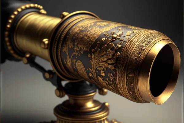 a gold and black telescope on a stand with a black background and a gray background behind it, with a gold and black design on the top of the telescope, and bottom of the telescope.