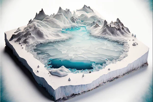 a large iceberg with a lake in the middle of it and mountains in the background, with a blue pool of water in the middle of the ice, and a white landscape with snow.