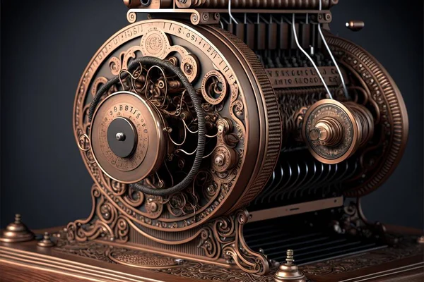 a very old looking machine with a clock on it\'s side and gears on the front of it\'s face and a clock on the side of the front of the machine is a black background. .