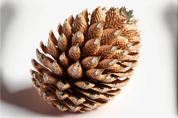 a close up of a pine cone with a white background and a shadow of the cone on the ground, with a white background and a white background with a shadow of the cone,. .